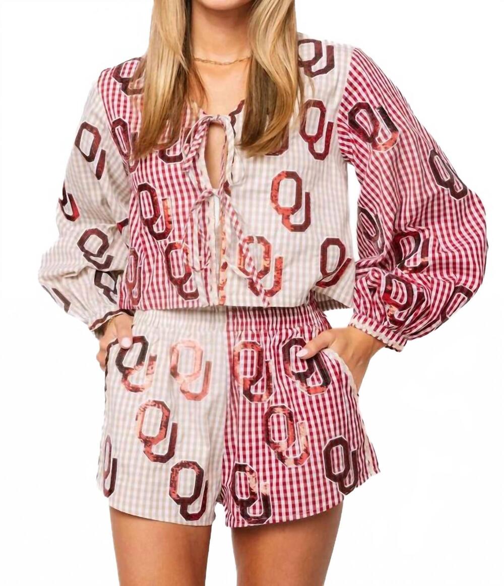 NEW QUEEN OF SPARKLES oklahoma colorblock gingham mascot tie up top in multi